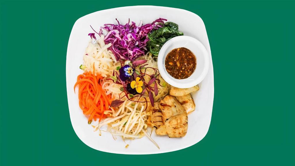 Lemongrass Chicken & Glass Noodles (Gf) · with vermicelli glass noodles, scallions, pickled daikon and carrots, shredded red cabbage, bean sprouts, chinese broccoli and vinaigrette.
