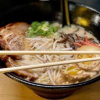 Black Garlic Ramen · KKY's signature tonkutsu pork broth, roasted black garlic oil, fresh wavy noodles, pork bell...