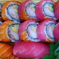 Rainbow Roll · California roll topped with tuna, salmon, white fish & avocado.