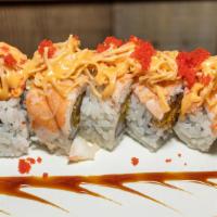 Volcano Roll · Shrimp tempura, crab meat inside, topped with shrimp, spicy crab meat, spicy mayo & caviar.