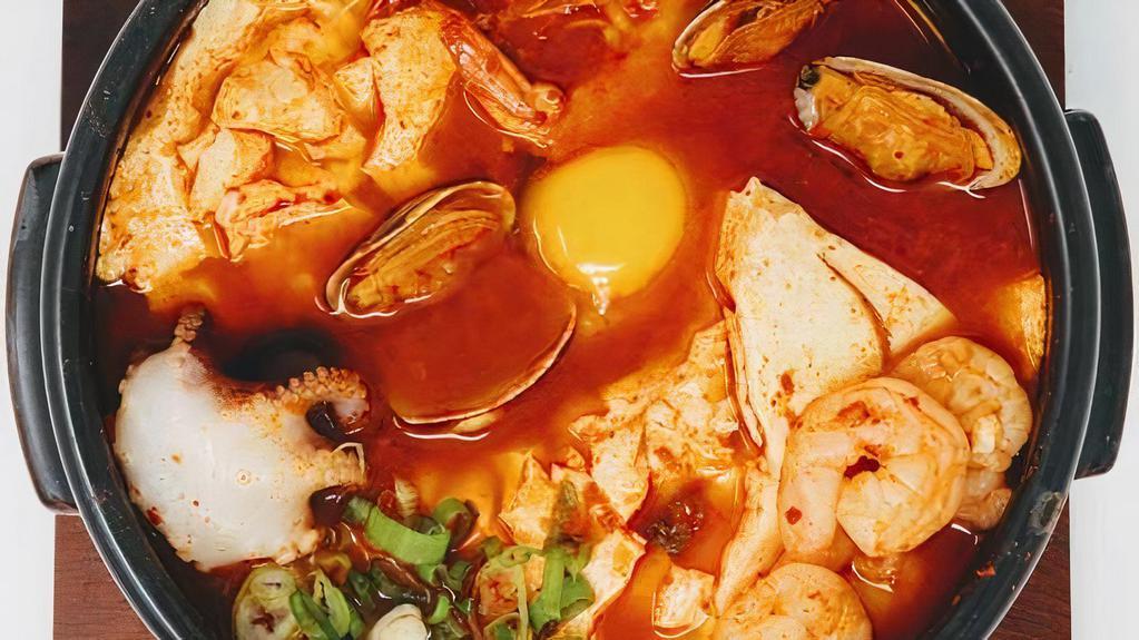 Haemul Sundubu Jjigae(해물순두부찌개) · Seafood soft tofu stew.