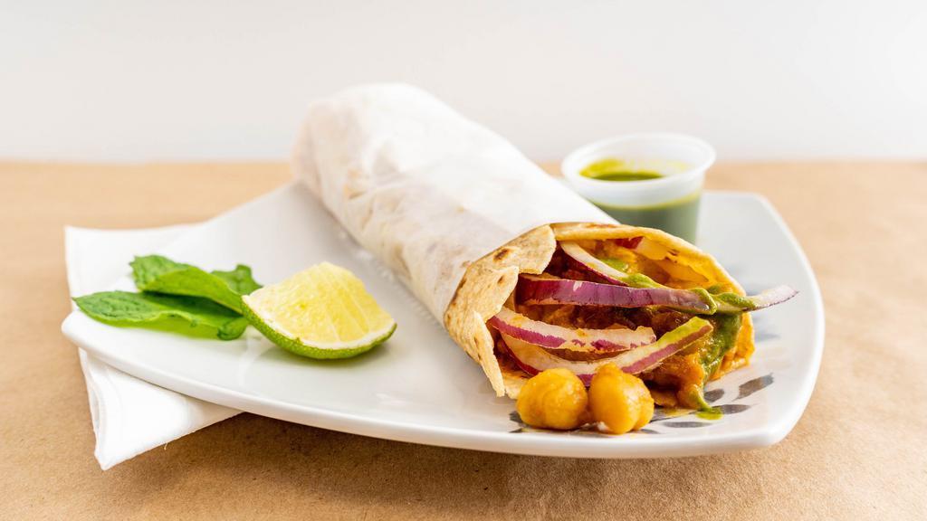 Chickpeas Potato (Chole Aloo) Masala Kati Roll · Vegetarian. Chickpeas with tomatoes, fenugreek, and blackening spices wrapped in Paratha or Roti.