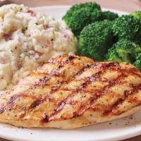 Grilled Chicken Breast · Juicy chicken breast seasoned and grilled over an open flame. Served with garlic mashed pota...