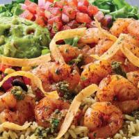 Tex-Mex Shrimp Bowl · Grilled chipotle lime shrimp on mixed greens and cilantro rice with house-made pico de gallo...