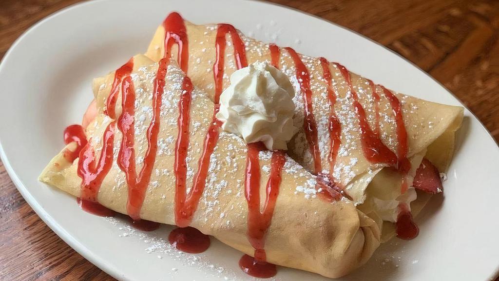 Simply Strawberry Crepes · Fresh strawberries, whipped cream, a hint of brown sugar & pure maple syrup