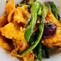 Spicy Herb Fish · Pla Pad Cha. Stir-fried spicy curry paste with rhizome, string bean, bell pepper, basil and ...