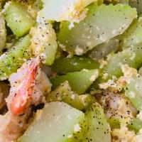 Chayote Shrimp · Stir-fried Chayote gourd, shrimp & egg with garlic black pepper sauce.