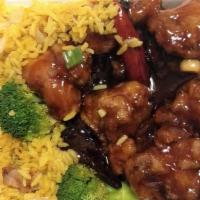 Orange Chicken · Hot and spicy. Served with vegetable fried rice or pork fried rice and vegetable soup or one...