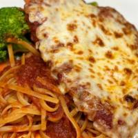 Chicken Parmesan · Served with linguini and marinara sauce.