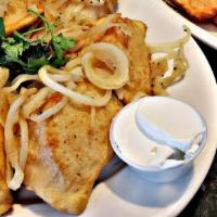 Pierogies, Potato (6) · Sautéed and topped with onions. Your choice of sour cream or apple sauce or both.