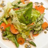 Bibb Lettuce Salad · Shaved cucumbers, radish, carrots, thinly sliced red onion. Dressed with sesame-balsamic-mus...