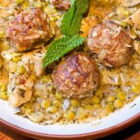 Beyond Meatballs & Spring Stew · Vegan meatballs with artichoke, green peas & herbs in white wine sauce. Contains allium.