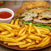 Grilled Chicken Sandwich · Grilled chicken breast, lettuce, tomato, mozzarella cheese, and mayo on Ciabatta bread. With...