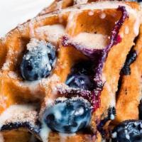 Blueberry Muffin Waffle · Cinnamon muffin crumb, sugared blueberries, lemon glaze.