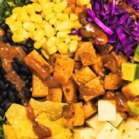 Southwest Quinoa (Grain Bowl) (Gf) · kale and quinoa, avocado, corn, purple cabbage, pepper jack cheese, tortilla chips, black be...