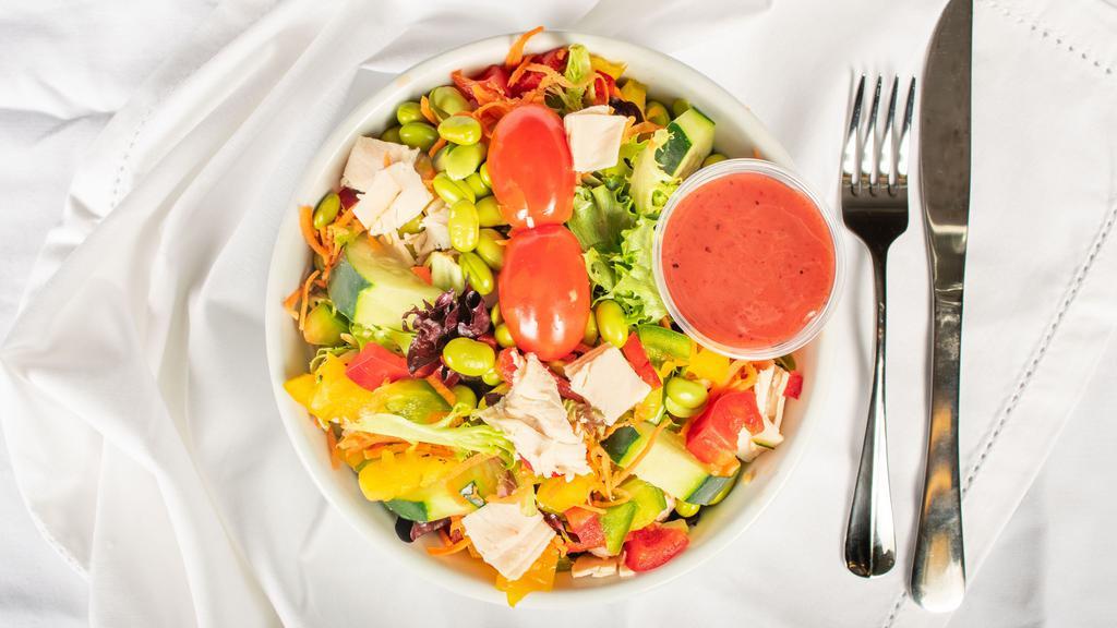 Healthy & Fit Salad
 · Mixed Greens, Turkey, Sweet Peppers, Edamame and Cherry Tomatoes with Balsamic Dressing