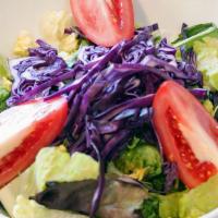 Mediterranean Salad · Romaine mesclun, tomato, and red cabbage tossed with olive oil, vinegar and lemon juice.