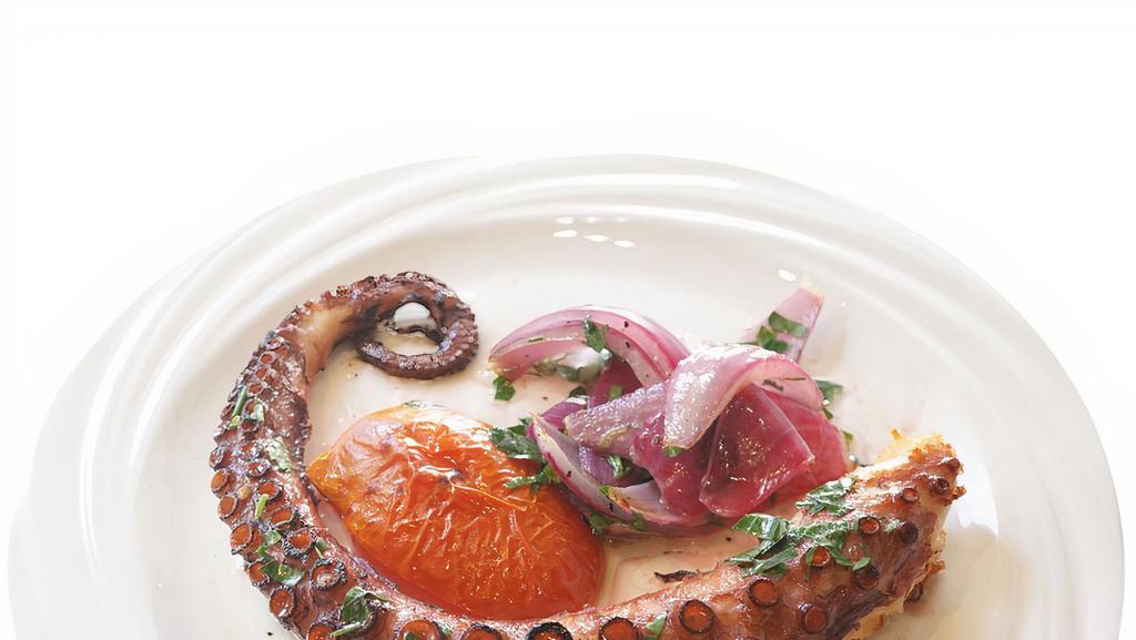 Grilled Portuguese Octopus · Char-grilled octopus, tomatoes, onions, parsley, olive oil and vinegar.