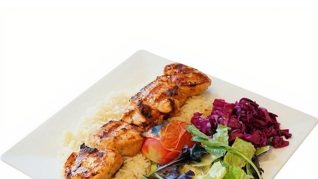 Chicken Shish · Tender chunks of chicken marinated with blend of herbs, spices, served with rice and salad.