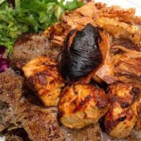 Mix Grill · Lamb gyro, chicken gyro, chicken shish kebab, lamb Adana, lamb chop served with rice and sal...