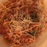 Tagliarini With Meat Sauce · Bolognese style meat sauce. No pork!! 100% beef only.
