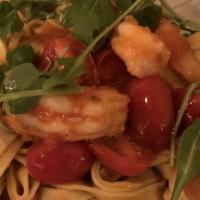 Fettuccine With Gulf Shrimp · Fresh pasta, grape tomatoes, gulf shrimp.