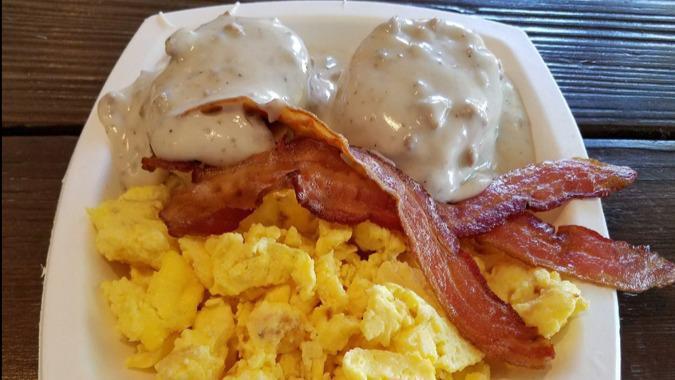 Biscuits & Gravy Plate · Popular. Two flaky biscuits, bacon, and scrambled eggs topped with our white sausage gravy.