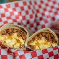 Queens Breakfast Bomber · Bacon, seasoned chorizo, melted cheddar-jack cheese and scrambled eggs.