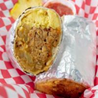 Haleiwa Breakfast Bomber · 12 hours pulled pork with scrambled eggs, seasoned potatoes, and shredded Jack and Cheddar c...
