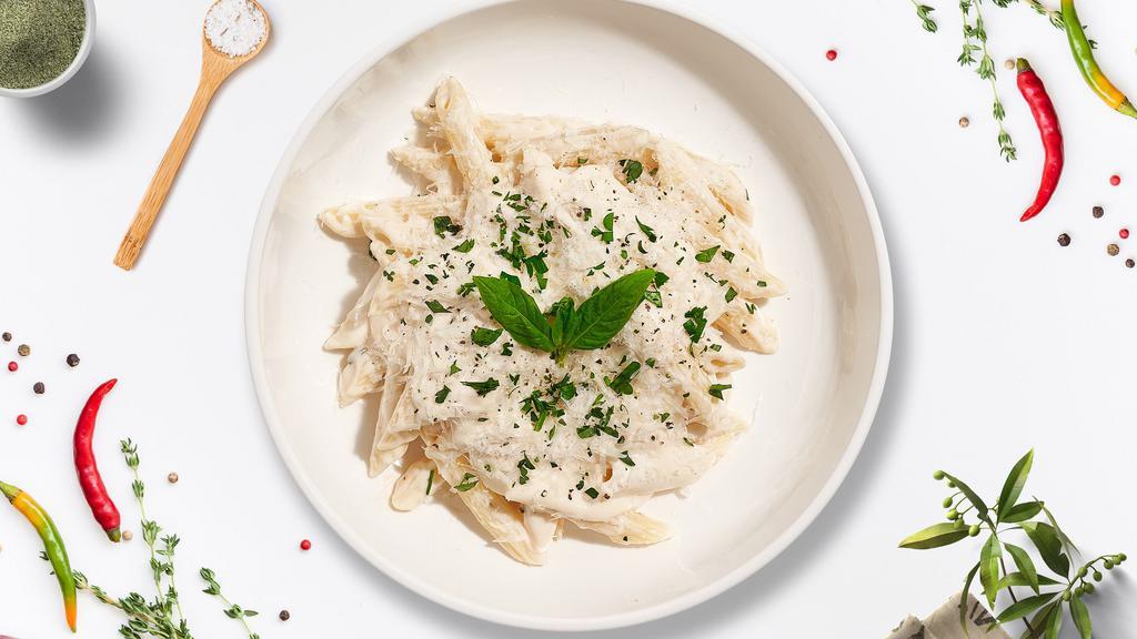 All For Alfredo Pasta  · (Vegetarian) Fresh penne pasta cooked in a alfredo sauce and topped with black pepper, parsley, and parmesan.