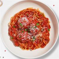Mob Meatball Pasta  · Fresh spaghetti and homemade ground beef meatballs served with rossa (red) sauce, red pepper...