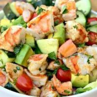Shrimp And Avocado Salad · Organic mixed greens, cucumbers, tomatoes, carrots, avocado, marinated wild gulf shrimps, to...