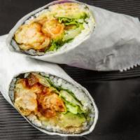 Spicy Burrito · Seaweed wrapped w/ Rice, Lettuce, Cucumber, Masago and Sesame Seed made with Spicy Mayo and ...