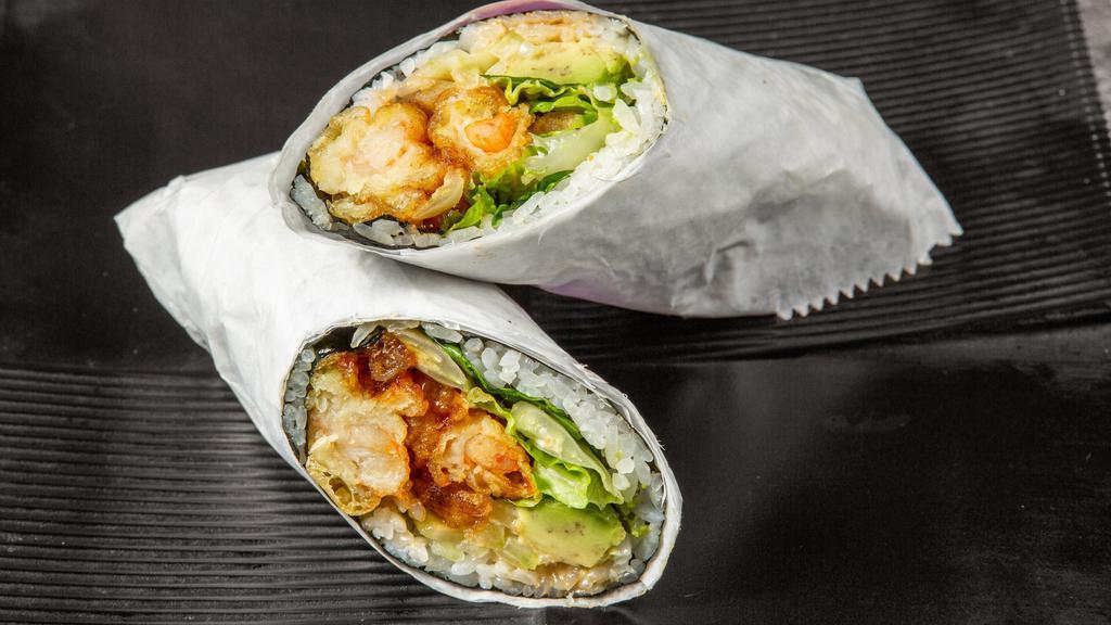 Spicy Burrito · Seaweed wrapped w/ Rice, Lettuce, Cucumber, Masago and Sesame Seed made with Spicy Mayo and Sesame Oil