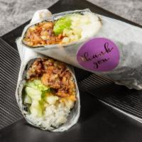 Poke Burrito · Seaweed wrapped with Rice, Onion, Cucumber, Lettuce and Sesame Seed made with Ponzu Sauce an...