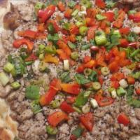 Chicken Pitza · Lemon marinated chicken with garlic, red peppers, scallions and parsley.