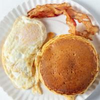 Pancakes (3) + Eggs (2) & Bacon Or Sausage · 3pc pancake and 2 egg and bacon or ham or sausage