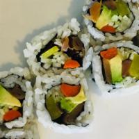 Vegetable Roll · Gluten-free. Avocado, cucumber, takuan, shiitake mushrooms, kanpyo, and gobo.