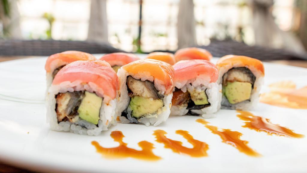 Santi Roll · Eel and avocado topped with salmon and tuna.