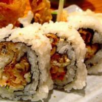 Spiderman Roll · Soft shell crab and avocado topped with spicy mayo.