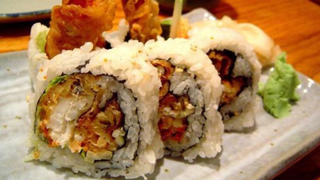 Spiderman Roll · Soft shell crab and avocado topped with spicy mayo.