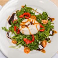 Burrata Salad · Baby arugula, cherry tomatoes, and roasted red peppers drizzled with EVOO and balsamic glaze.