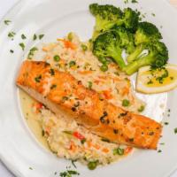 Pan Seared Salmon · Fresh rosemary and primavera Parmesan risotto.