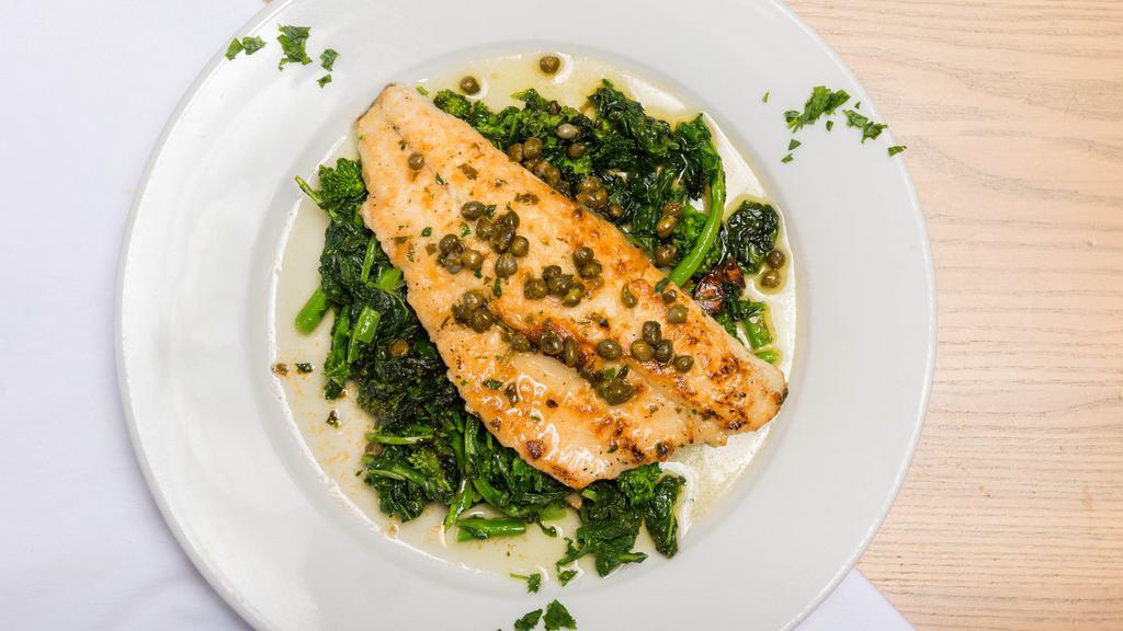 Branzino Mediterraneo
 · Broiled Mediterranean sea bass filet, fresh herbs, capers with extra virgin olive oil drizzle served with a side of broccoli rabe.