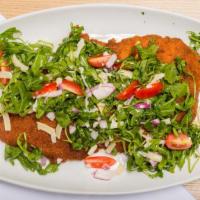 Pork Chop Milanese · 12 oz. Breaded French pork chop topped with baby arugula, red onion, cherry tomatoes, reggia...
