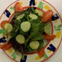 [Gf, V, Vn] Insalata Mista · Mixed greens with tomatoes, cucumbers, and balsamic vinaigrette