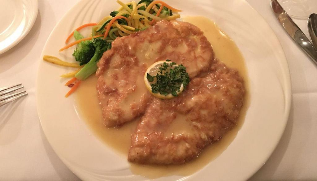 [Gf] Chicken Francese · Lightly battered chicken scaloppini sautéed in lemon, butter, & white wine sauce, served with mixed vegetables