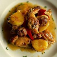 [Gf] Chicken Scarpariello · Chicken on the bone with sausage, potatoes, and peppers in a garlic white wine sauce