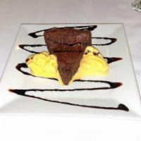 [Gf, V] Flourless Chocolate Cake · Made from Premier Callebaut Semi-Sweet Chocolate, served with a scoop of vanilla ice cream (...