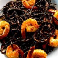 Linguine Nere Con Nduja E Gamberetti · HOMEMADE black ink linguine with Nduja sauce (spicy) and shrimp.